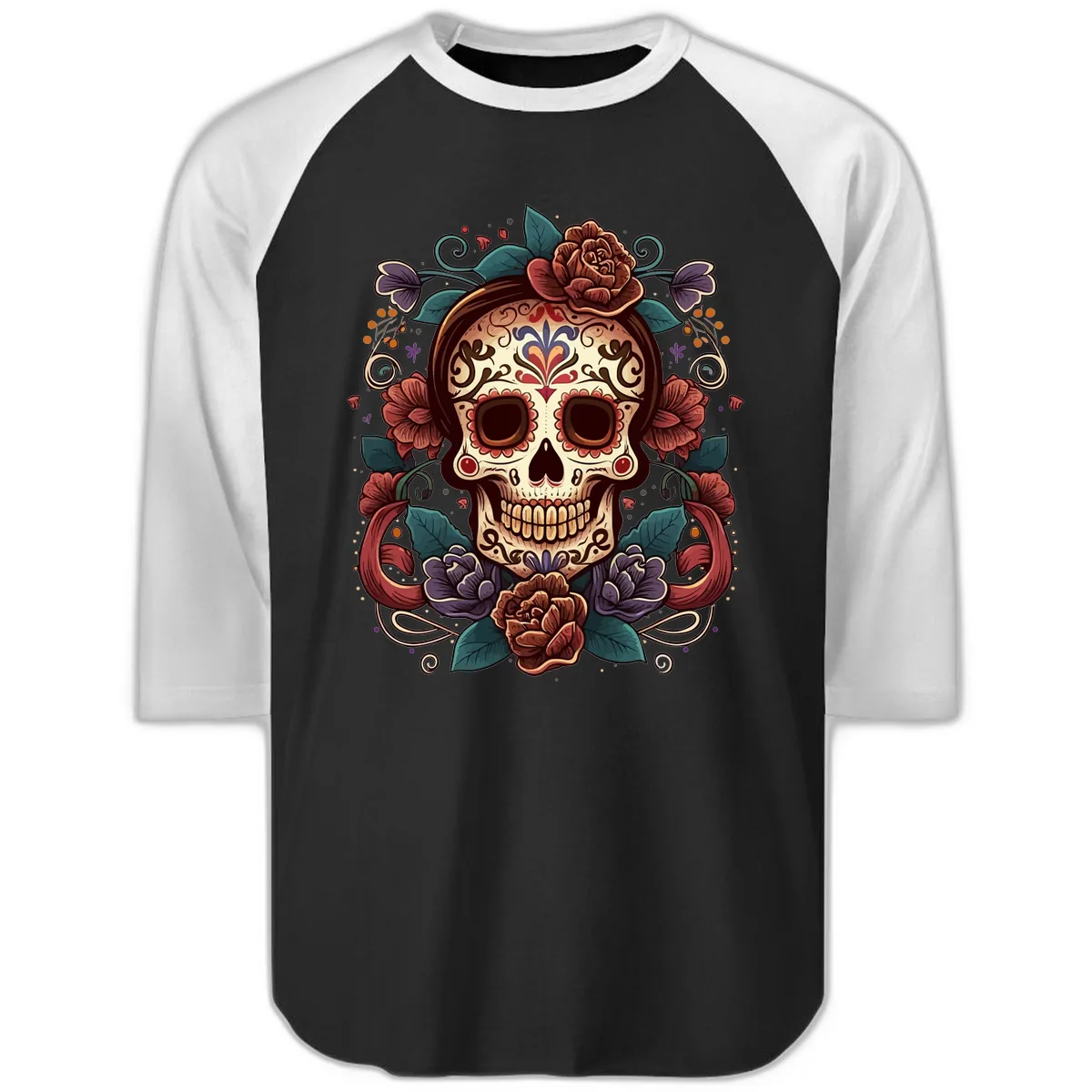Ornate Floral Calavera Skull Day of the Dead Raglan 3/4 in Black White