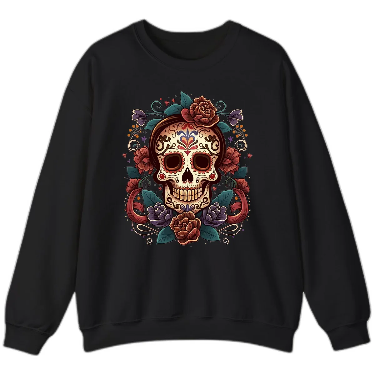 Ornate Floral Calavera Skull Day of the Dead Sweatshirt in Black