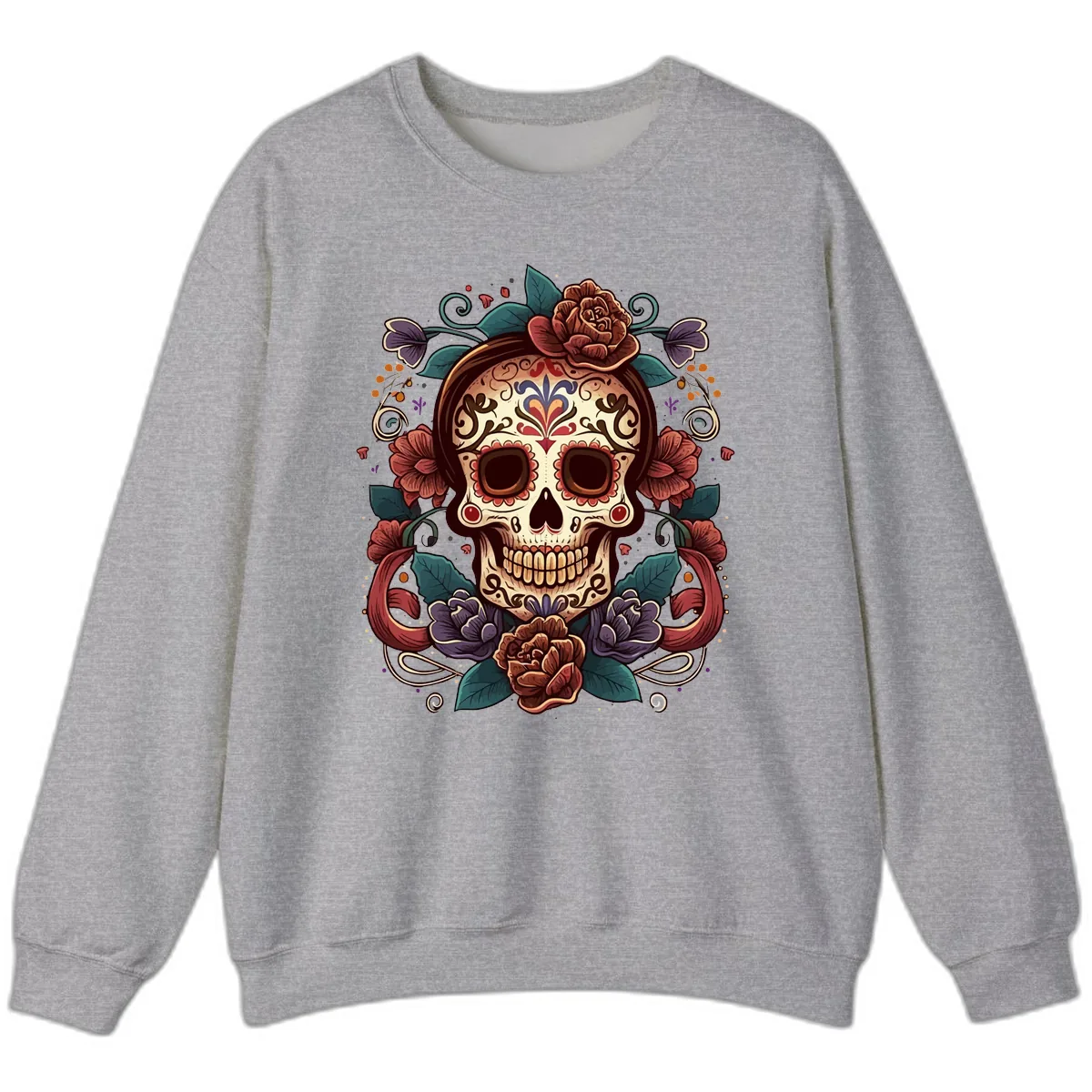 Ornate Floral Calavera Skull Day of the Dead Sweatshirt in Sport Grey