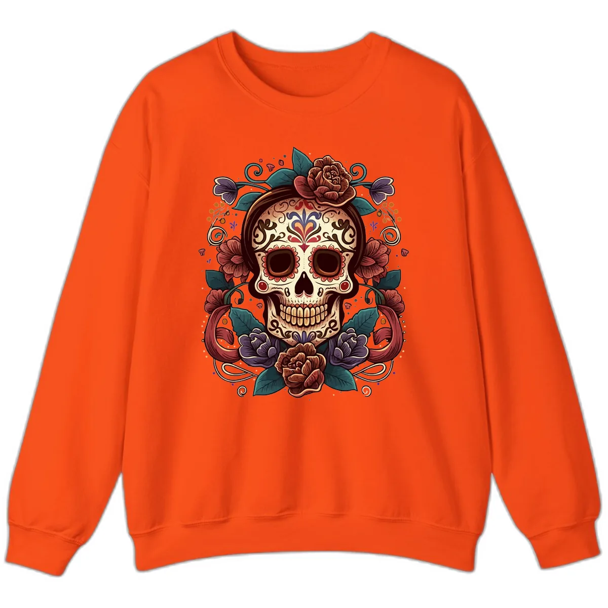 Ornate Floral Calavera Skull Day of the Dead Sweatshirt in Orange
