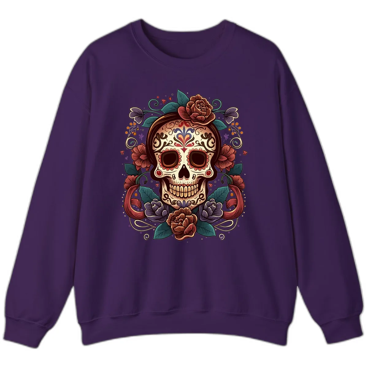 Ornate Floral Calavera Skull Day of the Dead Sweatshirt in Purple