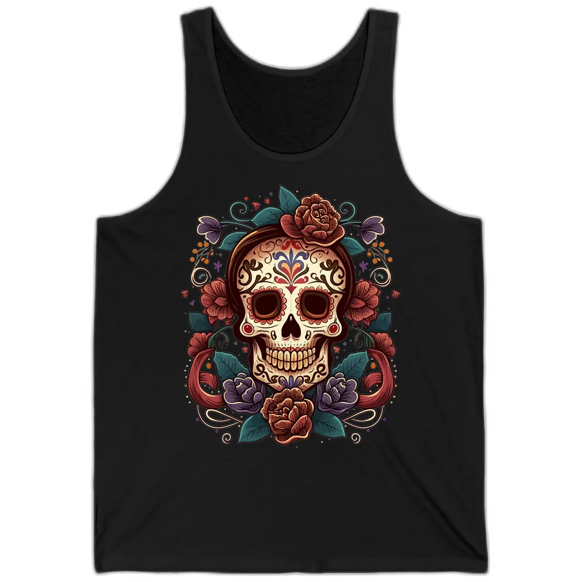 Ornate Floral Calavera Skull Day of the Dead Tank in Black