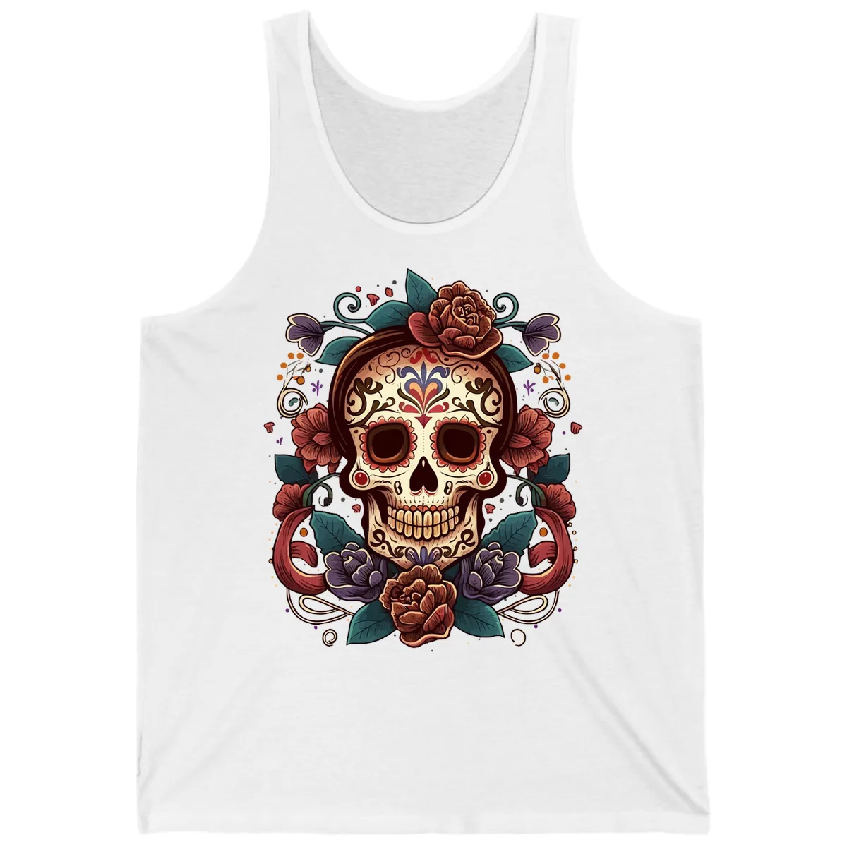 Ornate Floral Calavera Skull Day of the Dead Tank in White