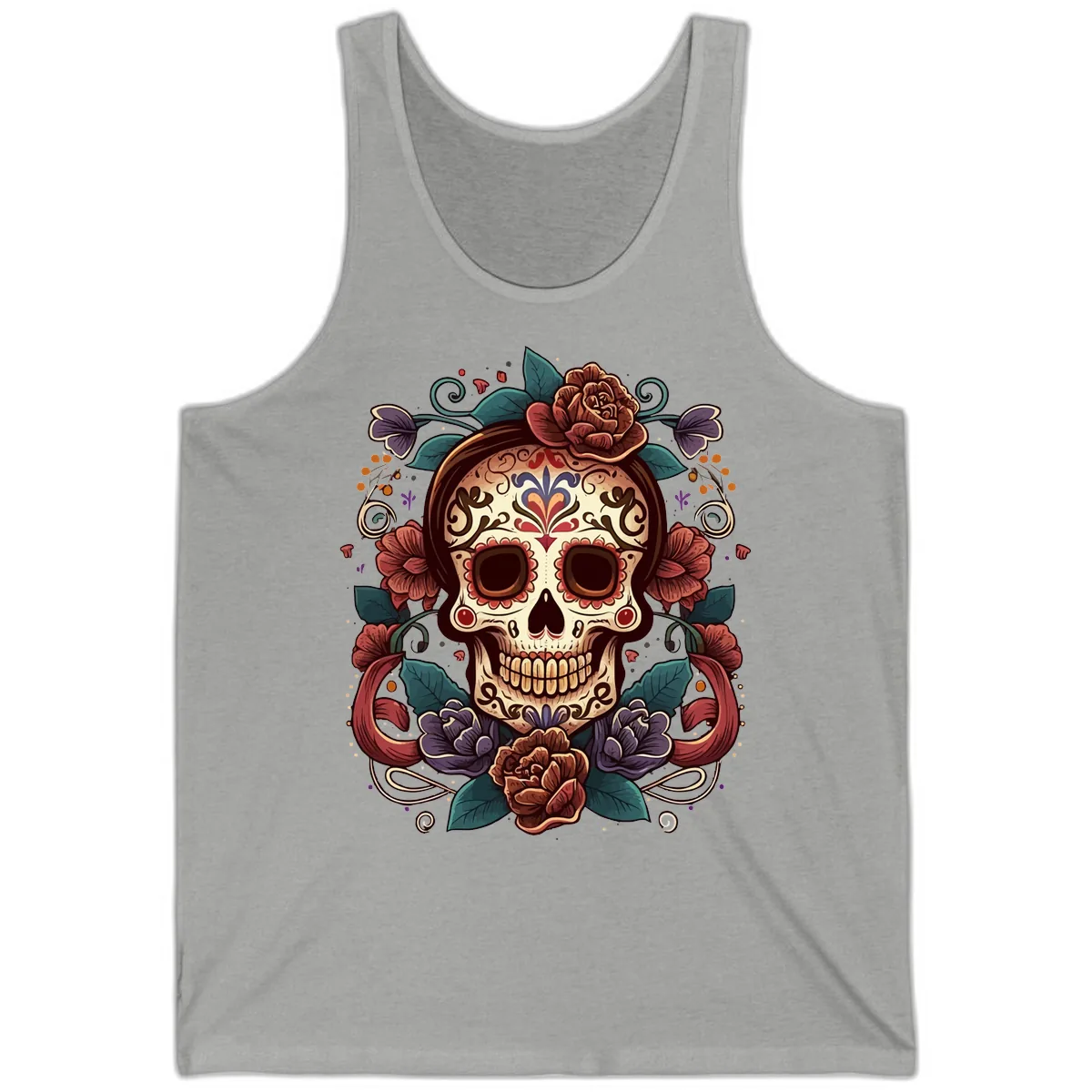 Ornate Floral Calavera Skull Day of the Dead Tank in Athletic Heather