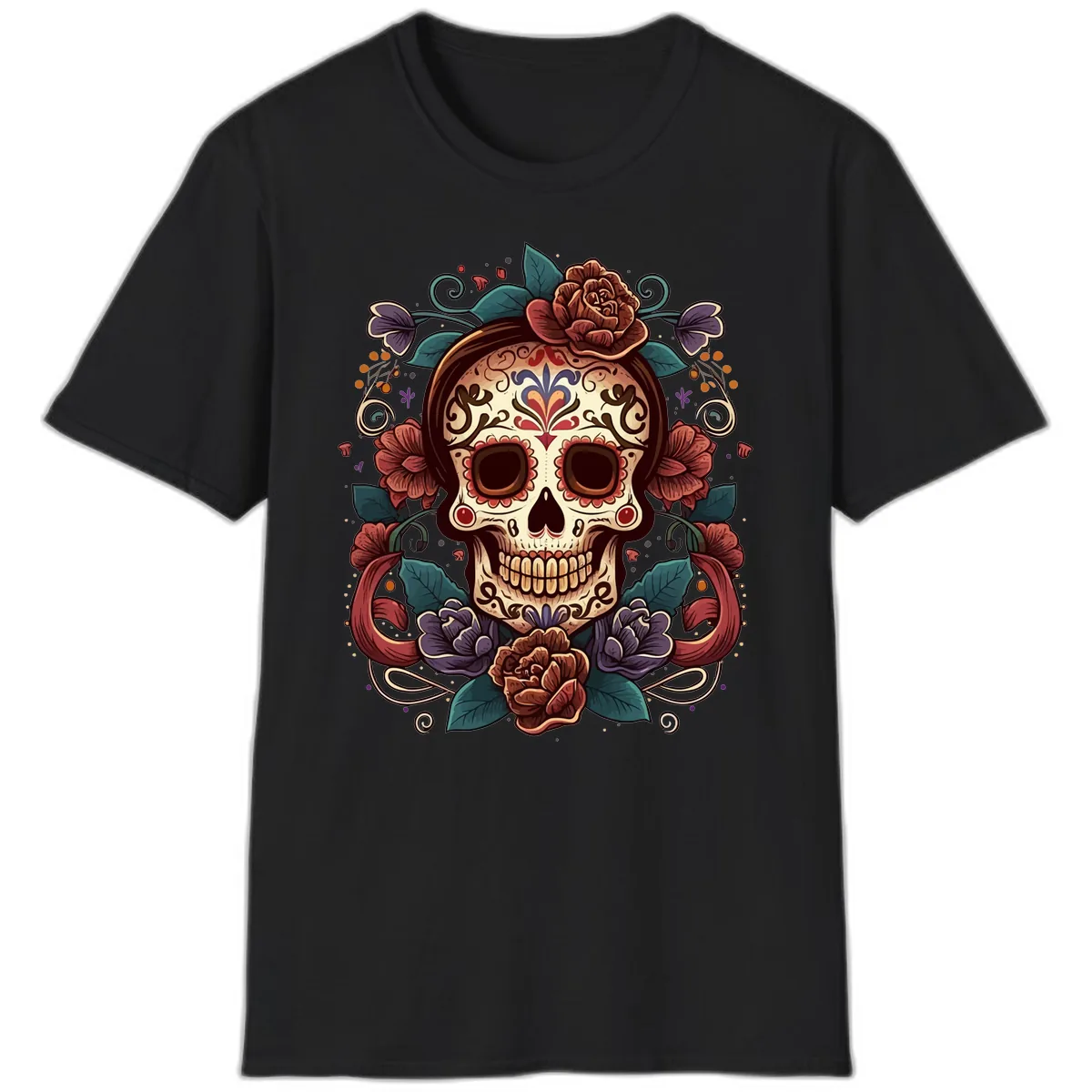 Ornate Floral Calavera Skull Day of the Dead T-Shirt in Black