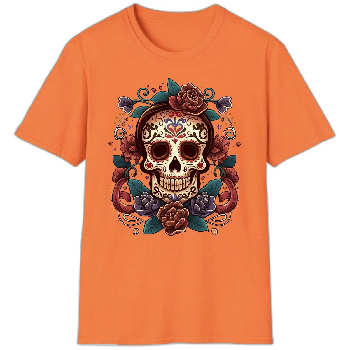 Ornate Floral Calavera Skull Day of the Dead T-Shirt in Heather Orange