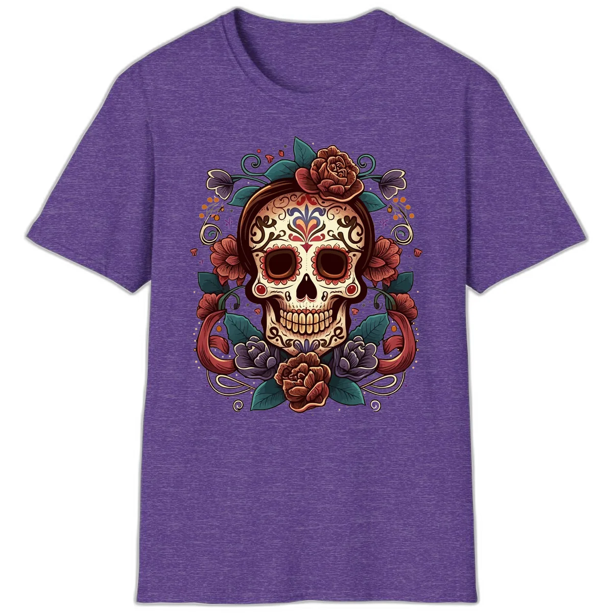 Ornate Floral Calavera Skull Day of the Dead T-Shirt in Heather Purple
