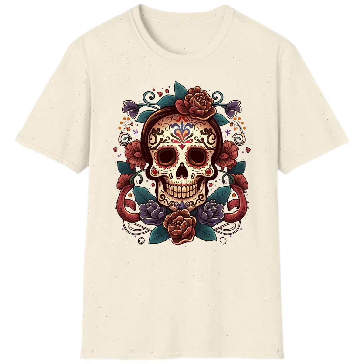 Ornate Floral Calavera Skull Day of the Dead T-Shirt in Natural