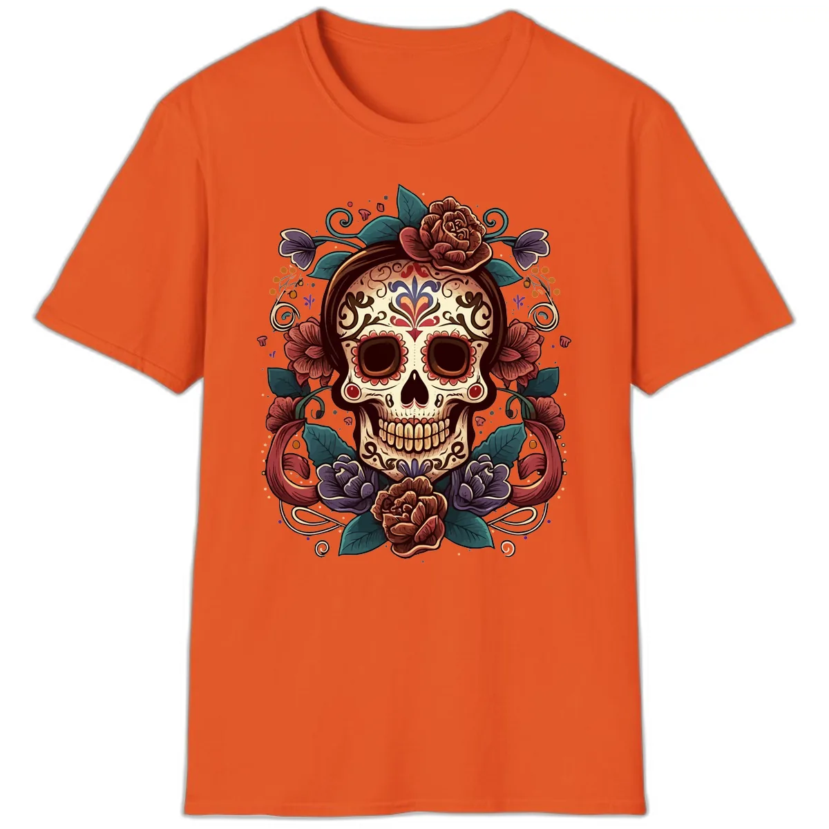 Ornate Floral Calavera Skull Day of the Dead T-Shirt in Orange