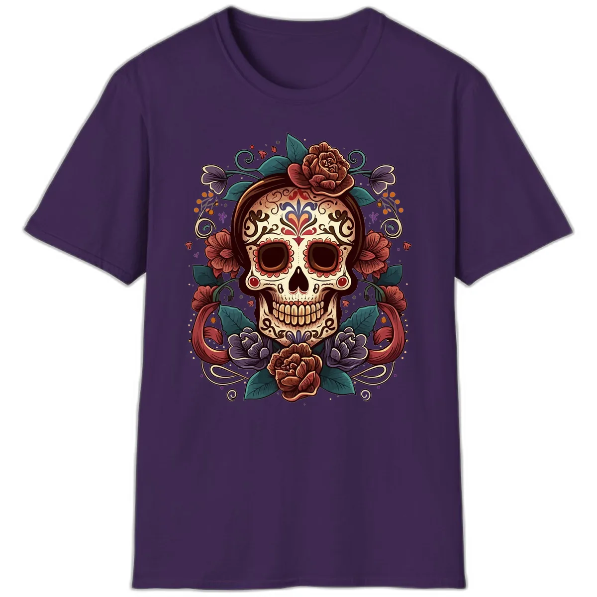 Ornate Floral Calavera Skull Day of the Dead T-Shirt in Purple