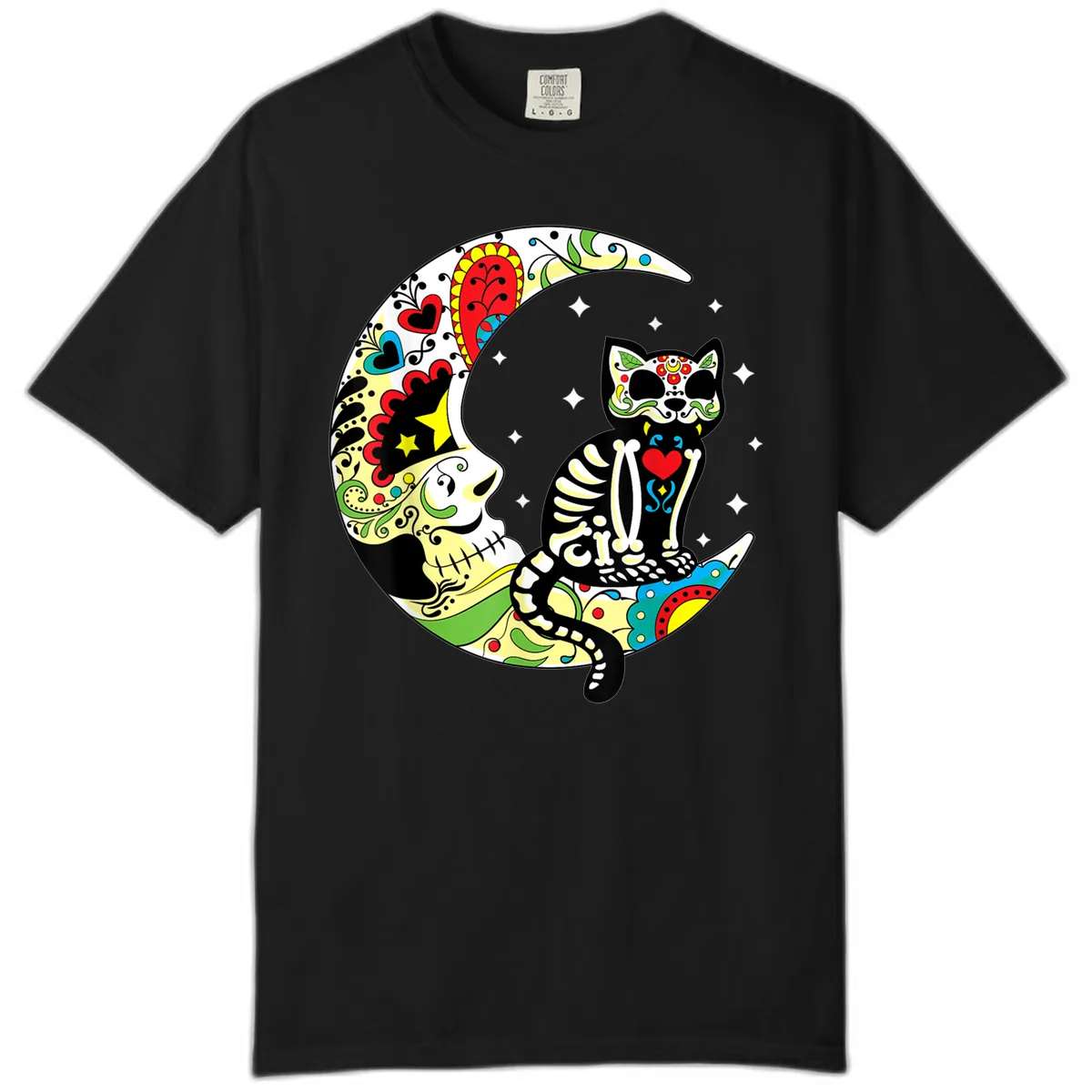 Sugar Skull Cat on Crescent Moon Comfort Color in Black