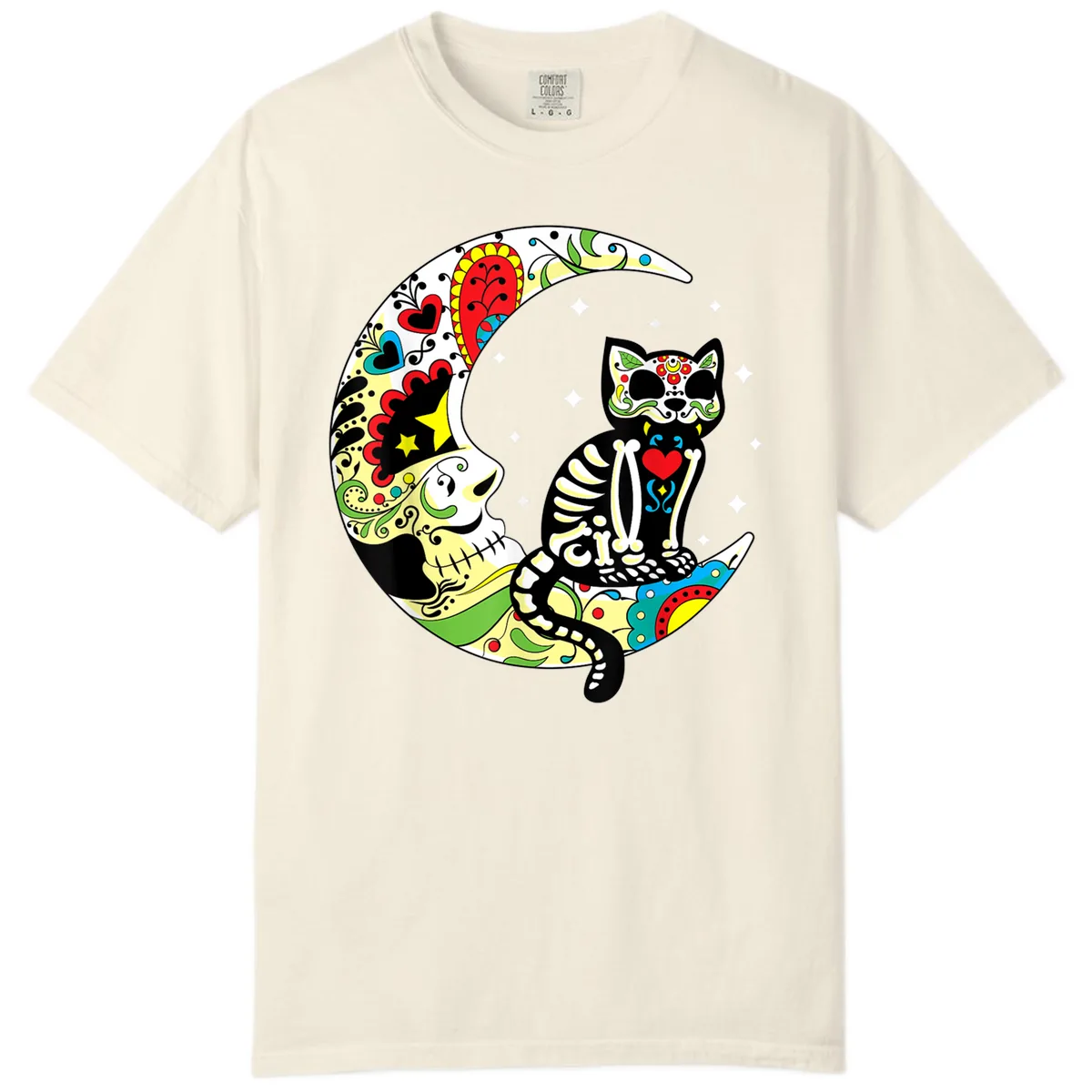Sugar Skull Cat on Crescent Moon Comfort Color in Ivory