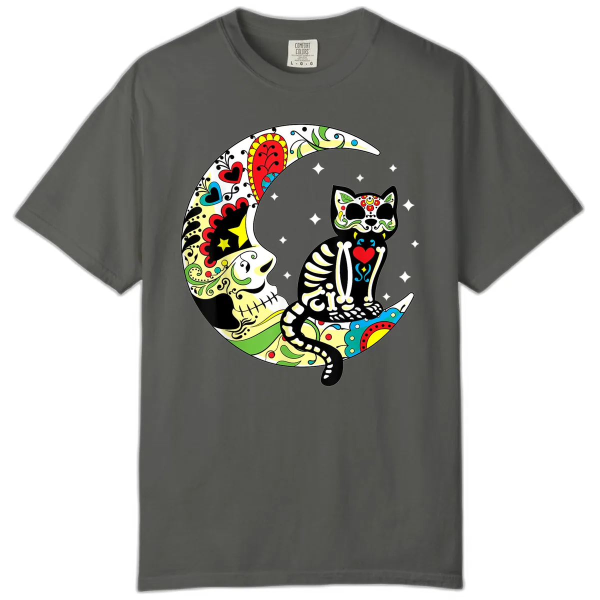 Sugar Skull Cat on Crescent Moon Comfort Color in Pepper