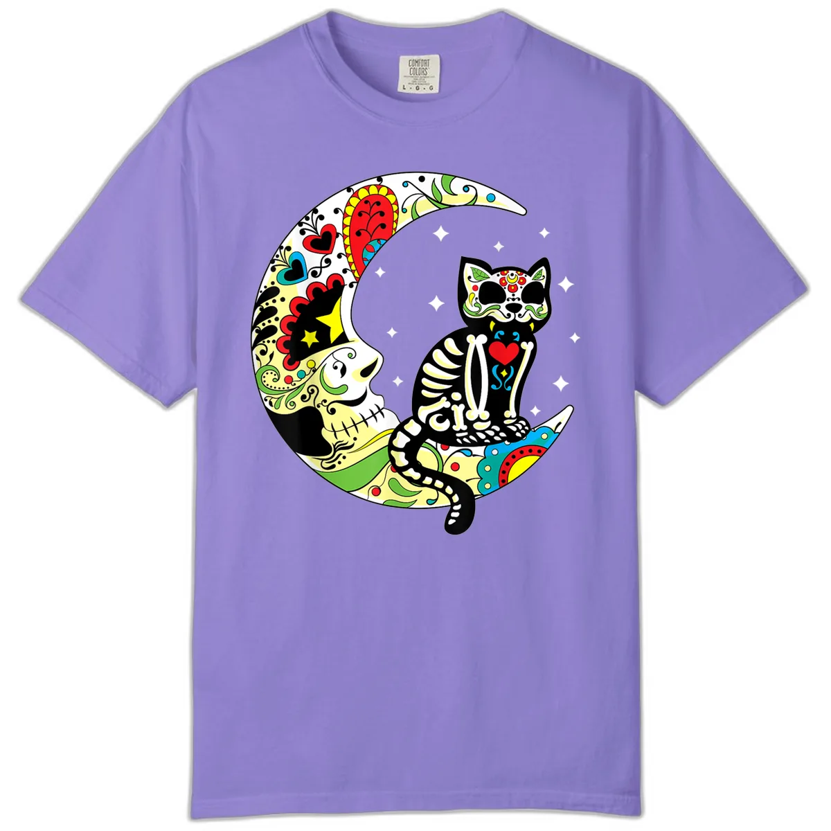 Sugar Skull Cat on Crescent Moon Comfort Color in Violet