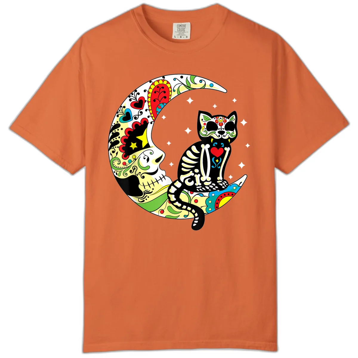 Sugar Skull Cat on Crescent Moon Comfort Color in Burnt Orange