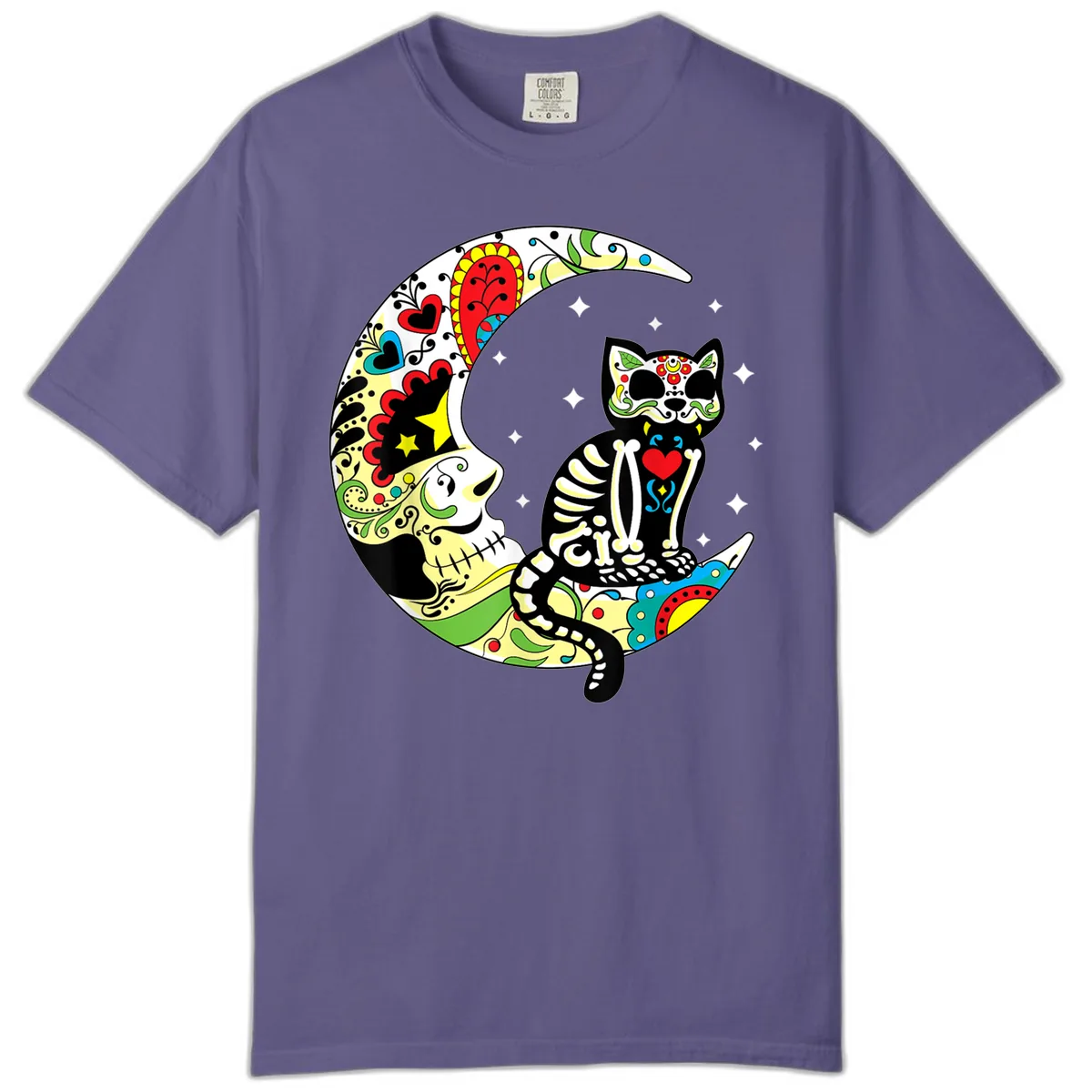 Sugar Skull Cat on Crescent Moon Comfort Color in Grape