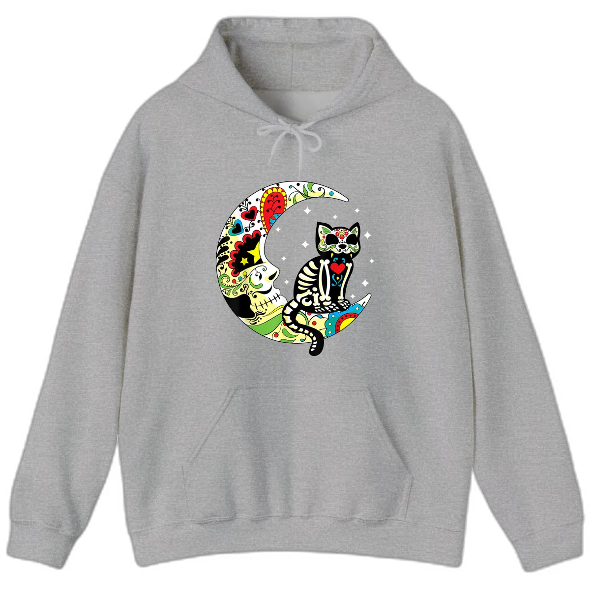 Sugar Skull Cat on Crescent Moon Hoodie in Sport Grey