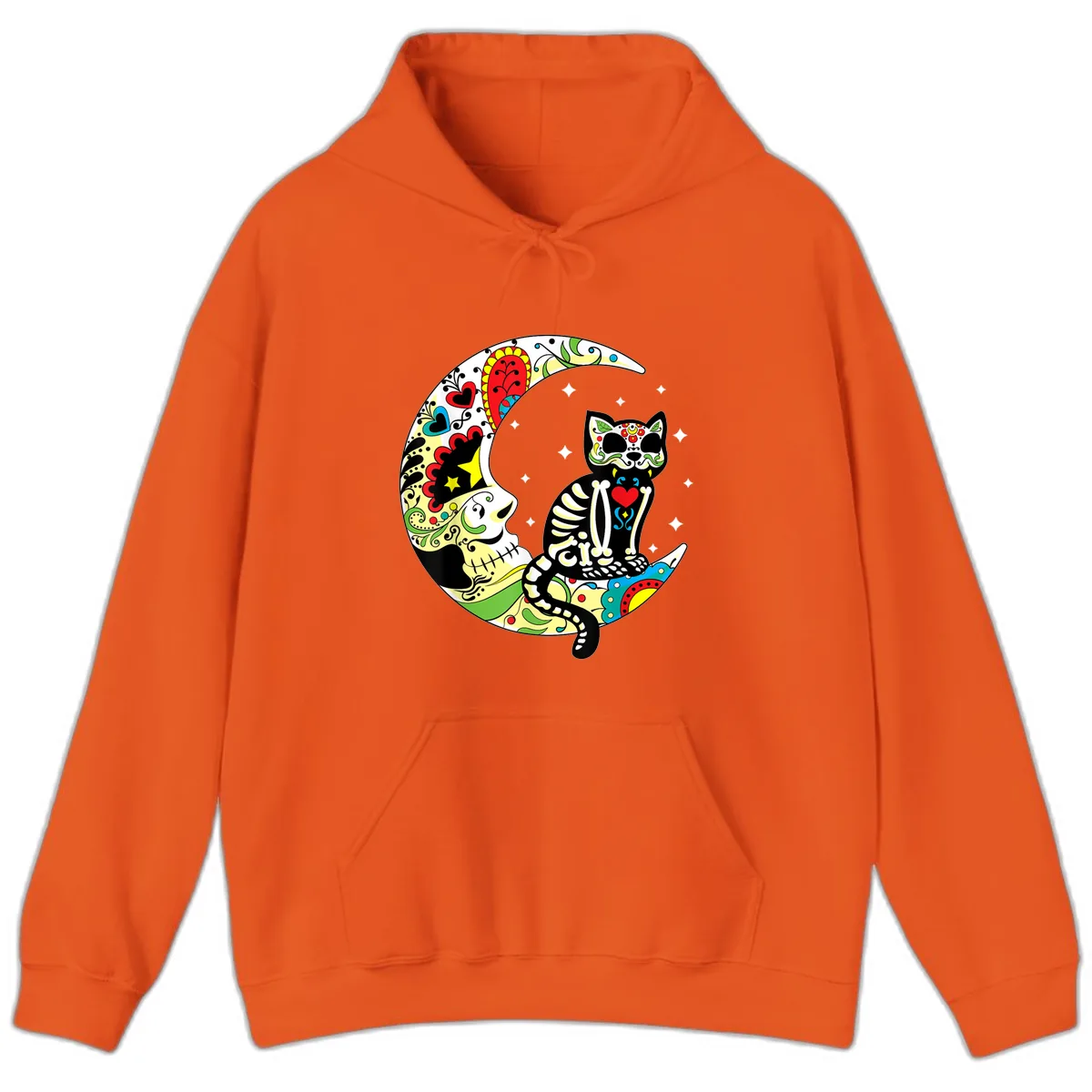Sugar Skull Cat on Crescent Moon Hoodie in Orange