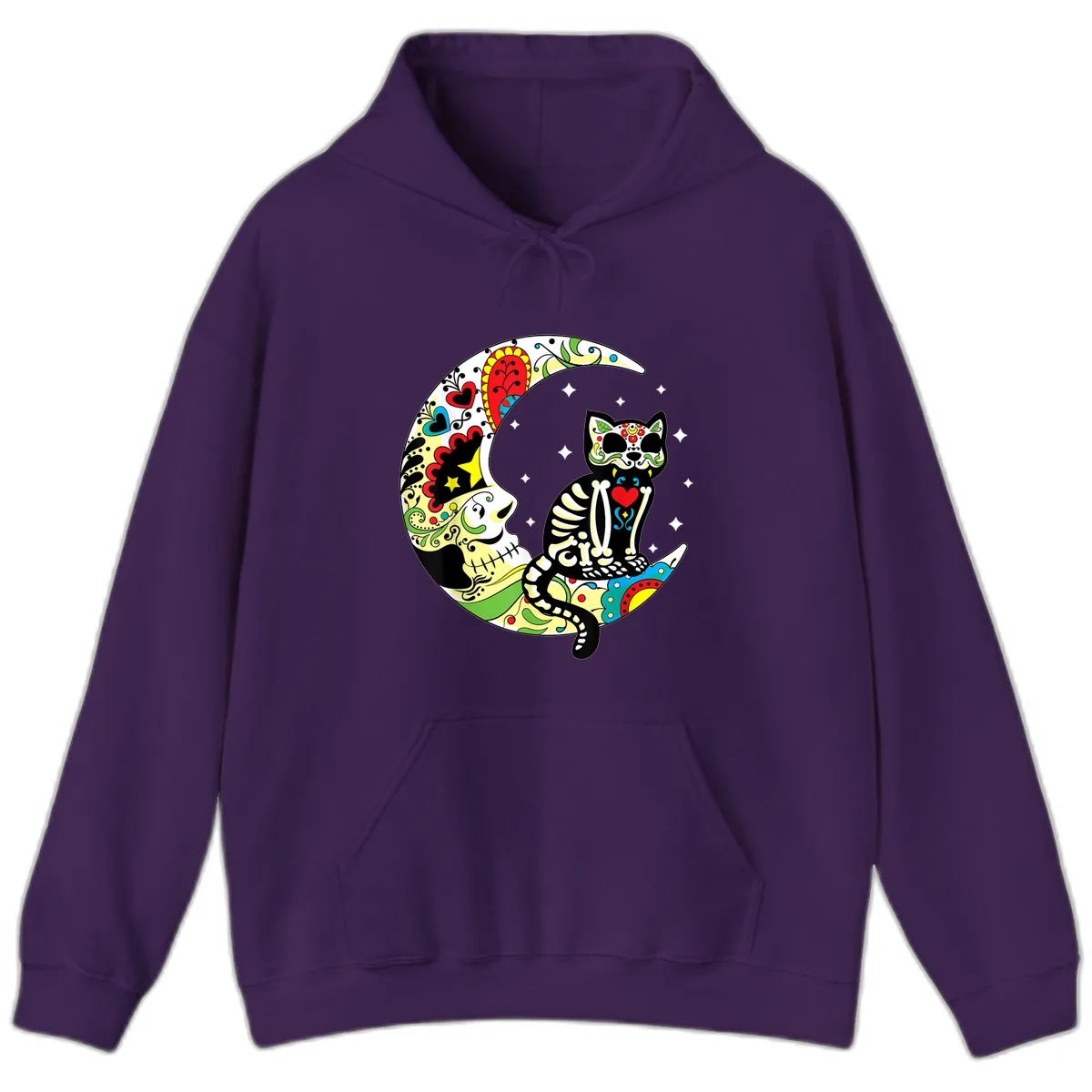 Sugar Skull Cat on Crescent Moon Hoodie in Purple
