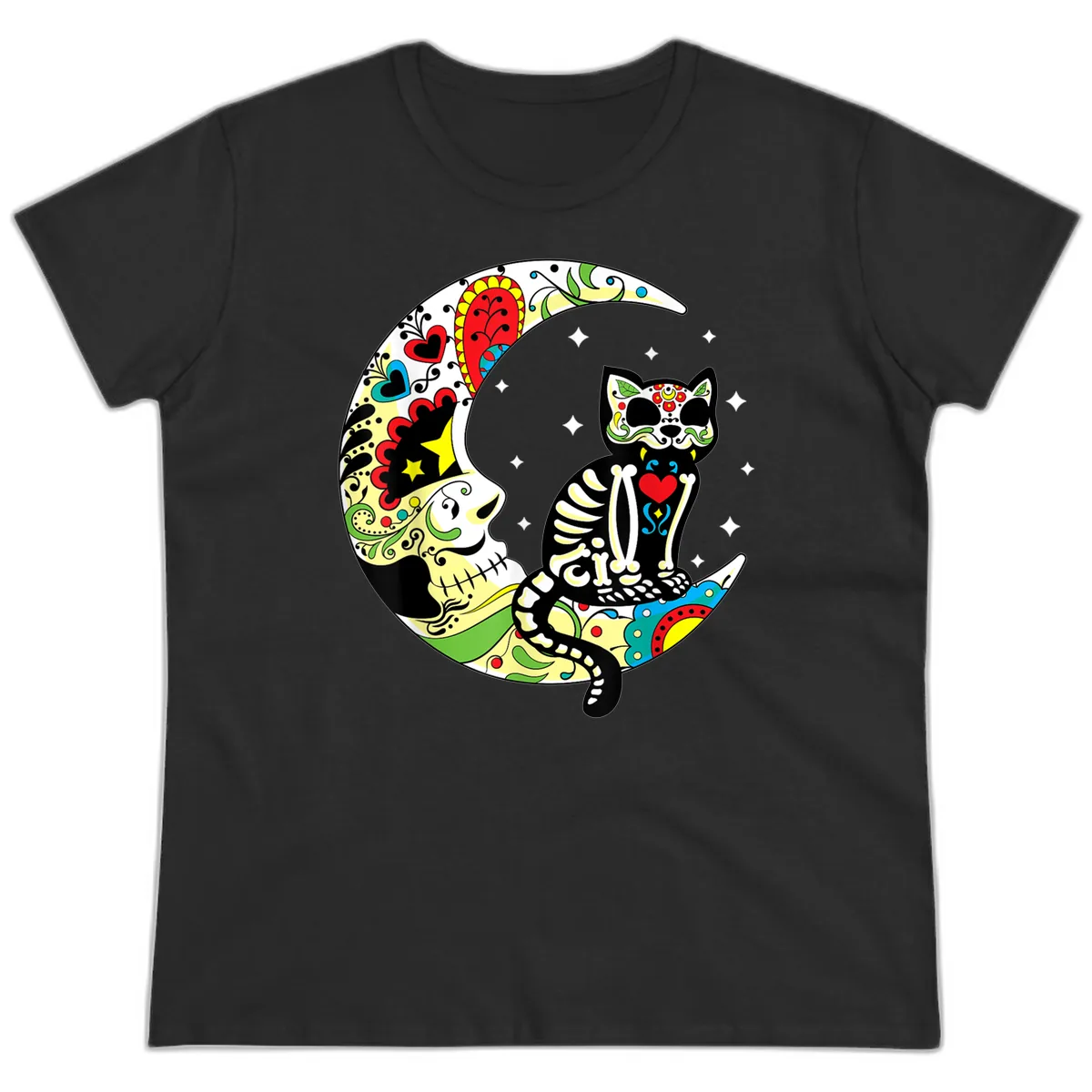 Sugar Skull Cat on Crescent Moon Ladies Tee in Black