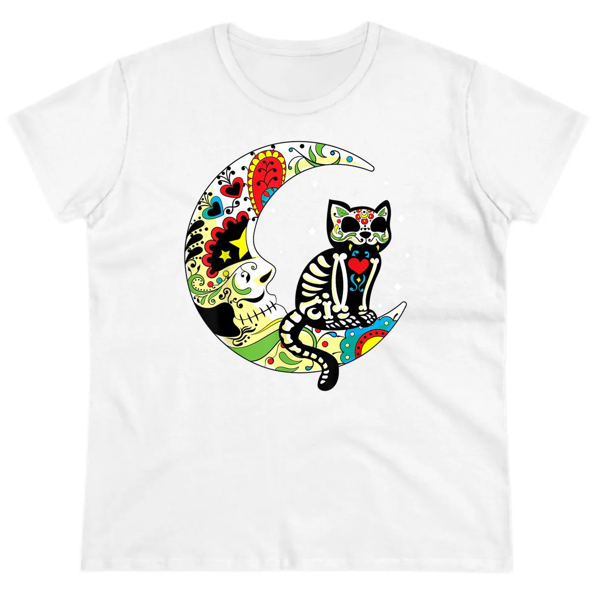 Sugar Skull Cat on Crescent Moon Ladies Tee in White