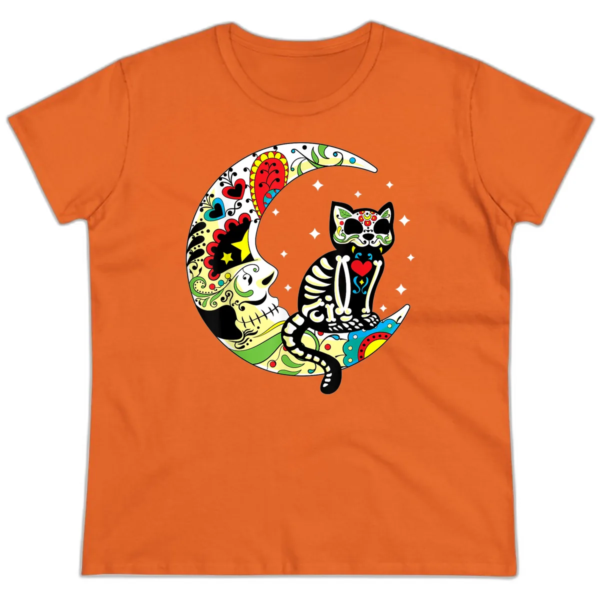 Sugar Skull Cat on Crescent Moon Ladies Tee in Orange