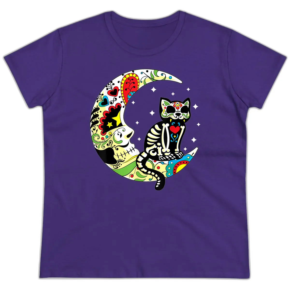 Sugar Skull Cat on Crescent Moon Ladies Tee in Purple