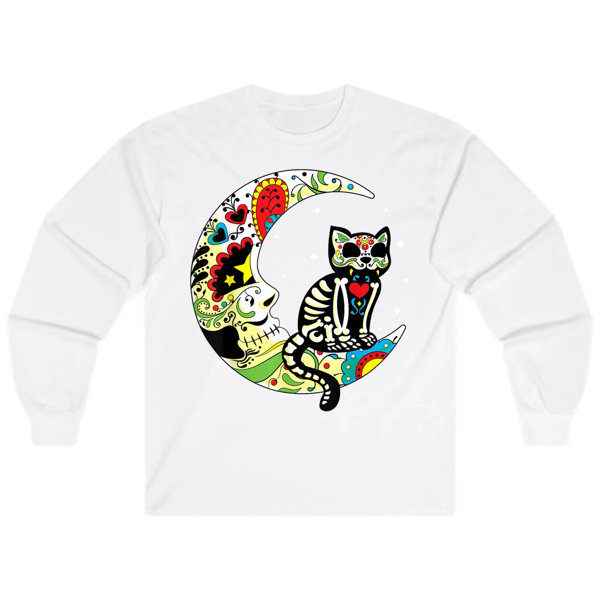 Sugar Skull Cat on Crescent Moon Long Sleeve in White