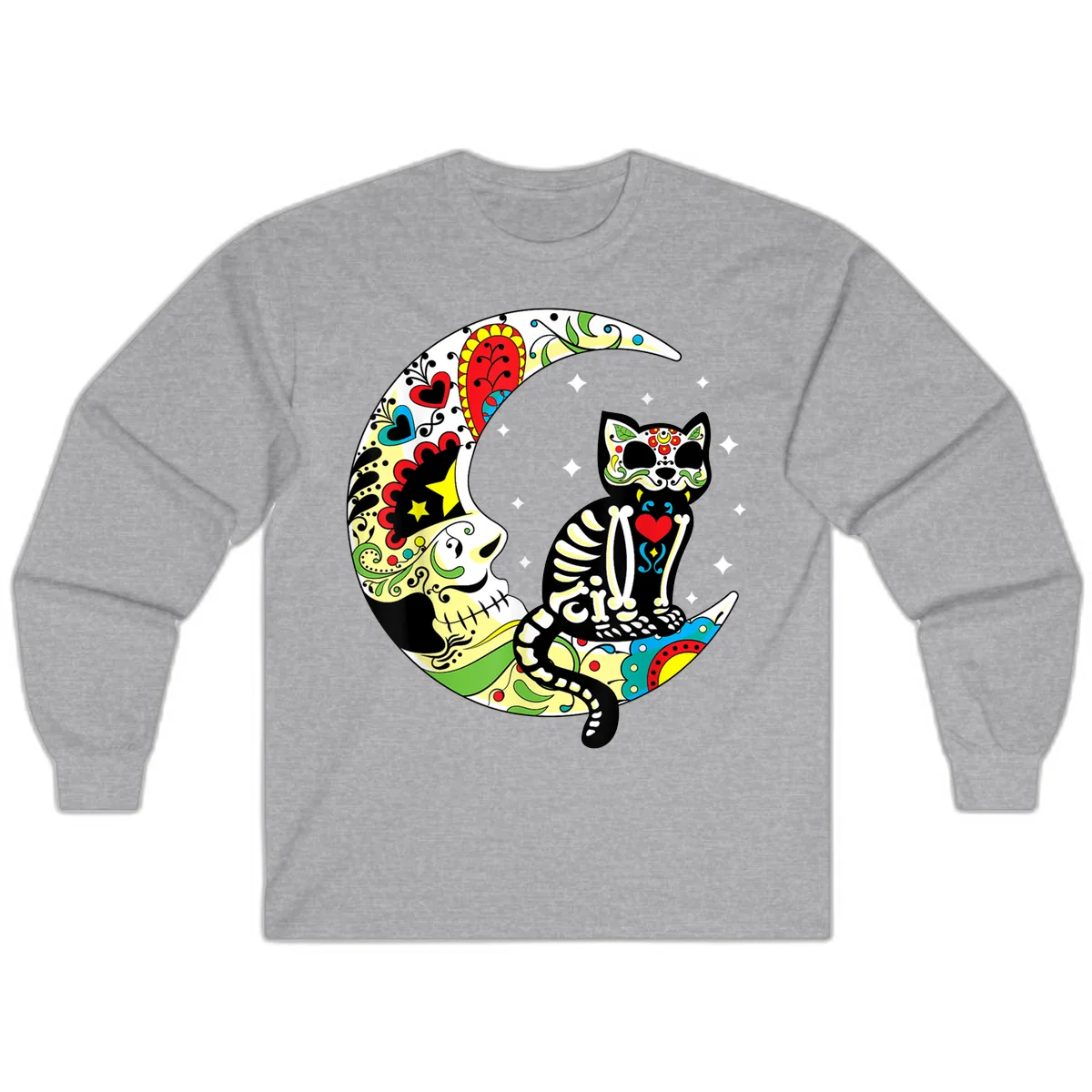 Sugar Skull Cat on Crescent Moon Long Sleeve in Sport Grey