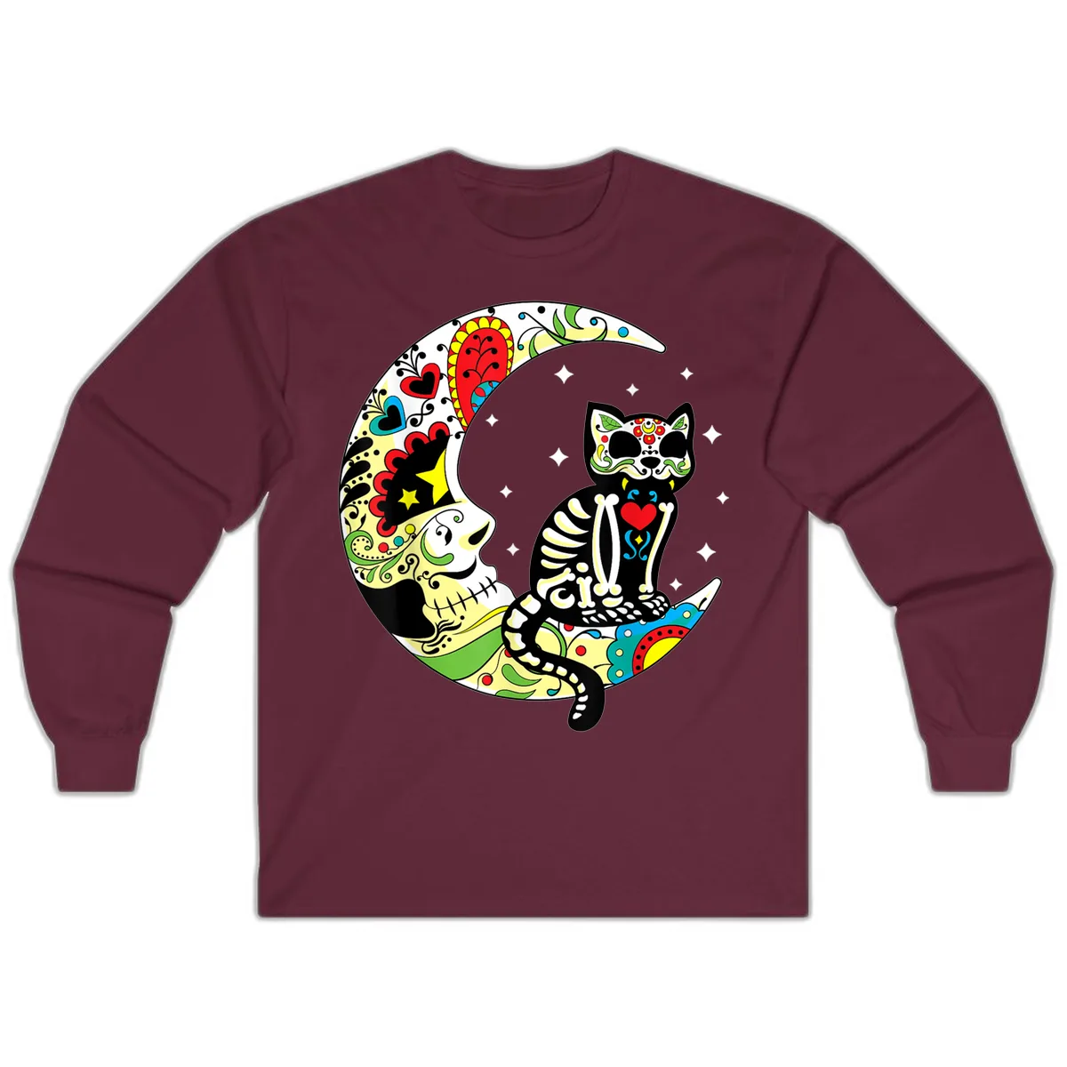 Sugar Skull Cat on Crescent Moon Long Sleeve in Maroon