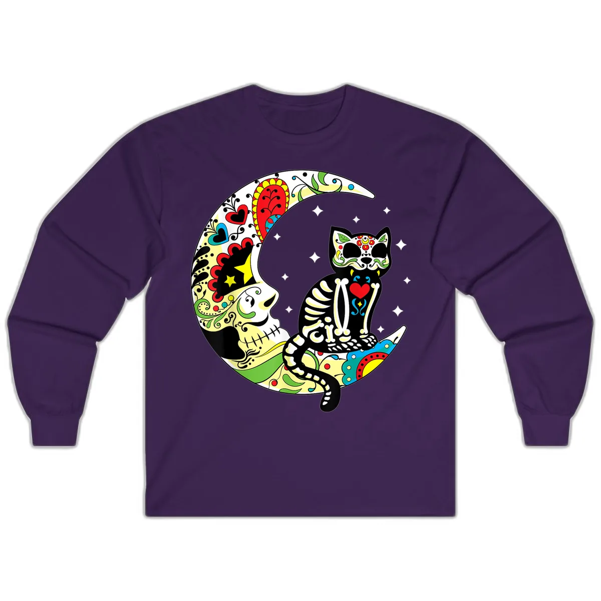 Sugar Skull Cat on Crescent Moon Long Sleeve in Purple
