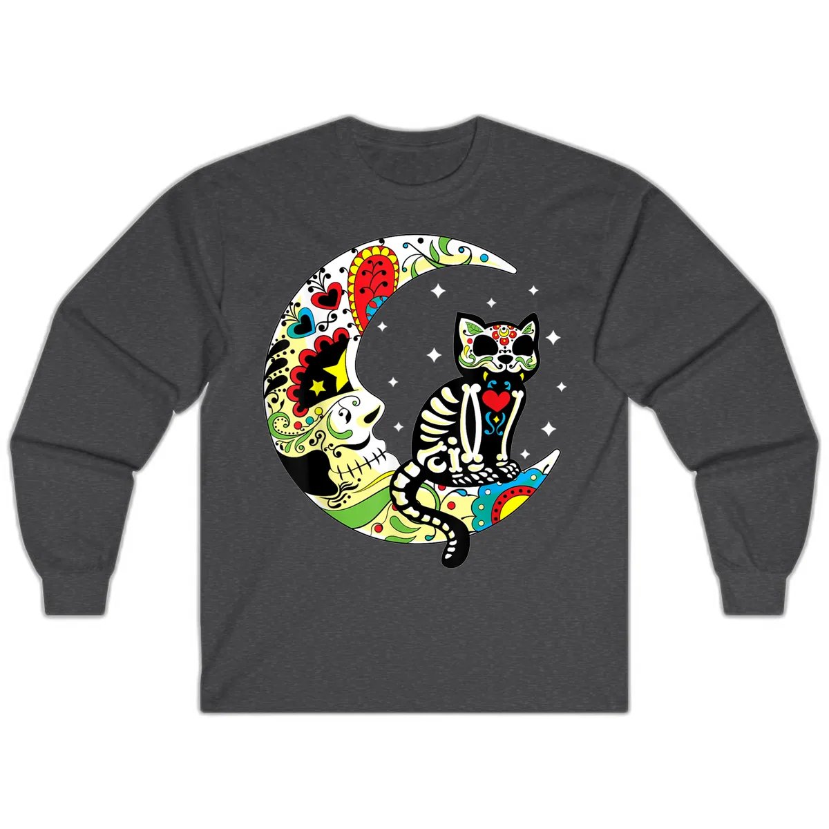Sugar Skull Cat on Crescent Moon Long Sleeve in Dark Heather