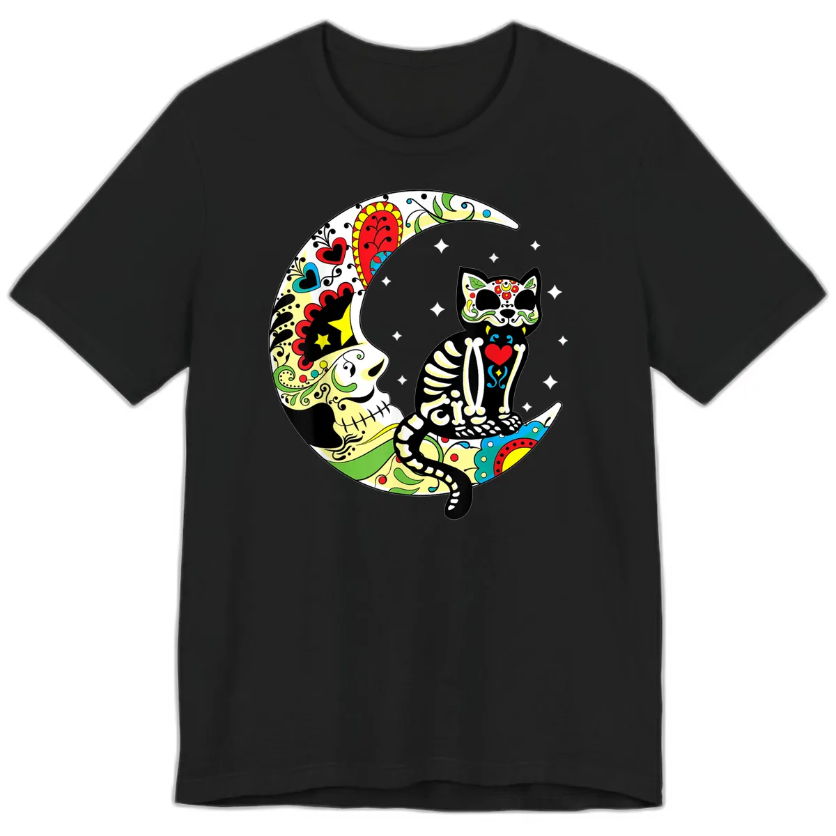 Sugar Skull Cat on Crescent Moon Premium T-Shirt in Black