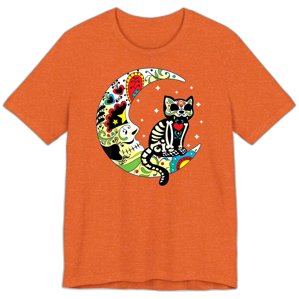 Sugar Skull Cat on Crescent Moon Premium T-Shirt in Heather Orange