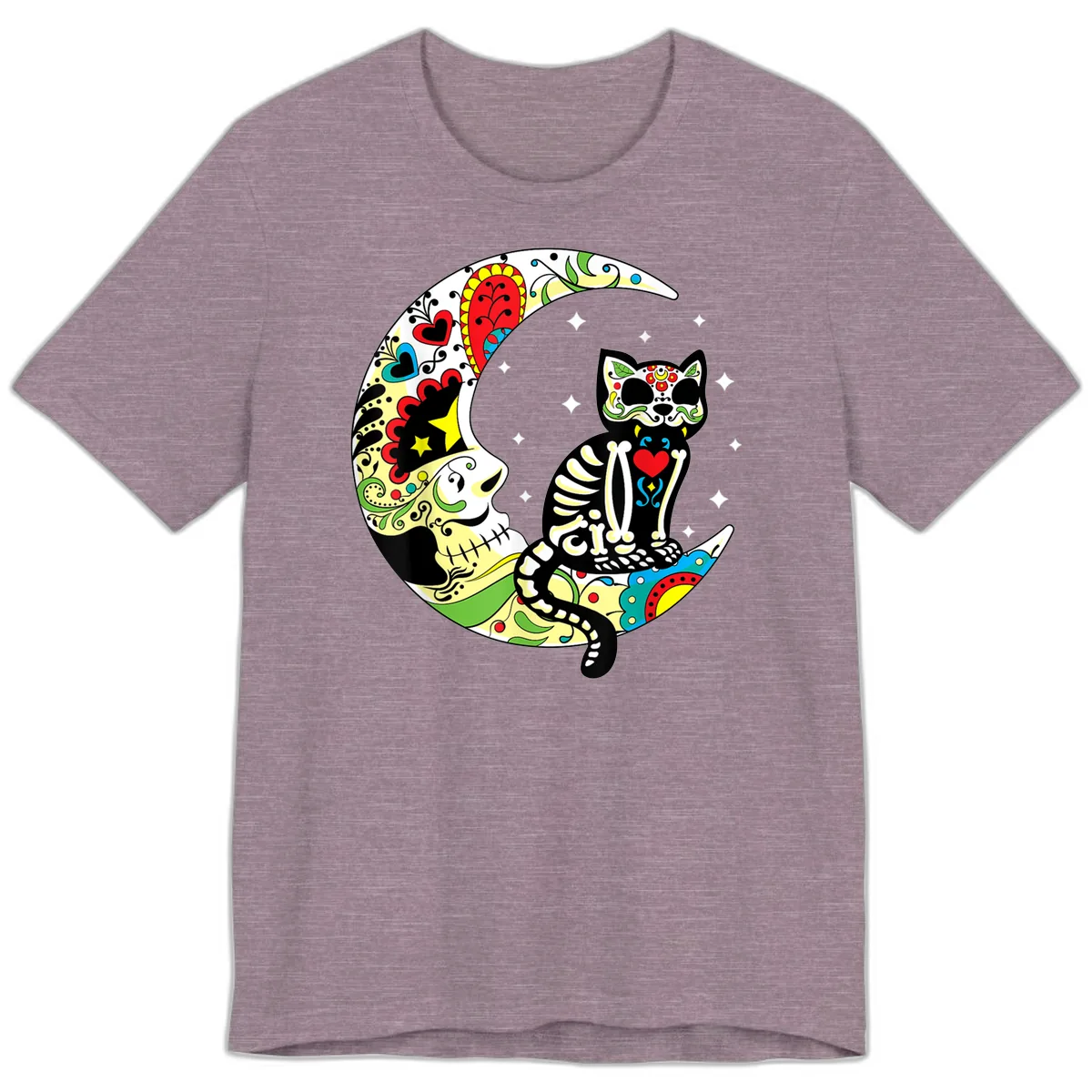 Sugar Skull Cat on Crescent Moon Premium T-Shirt in Heather Purple