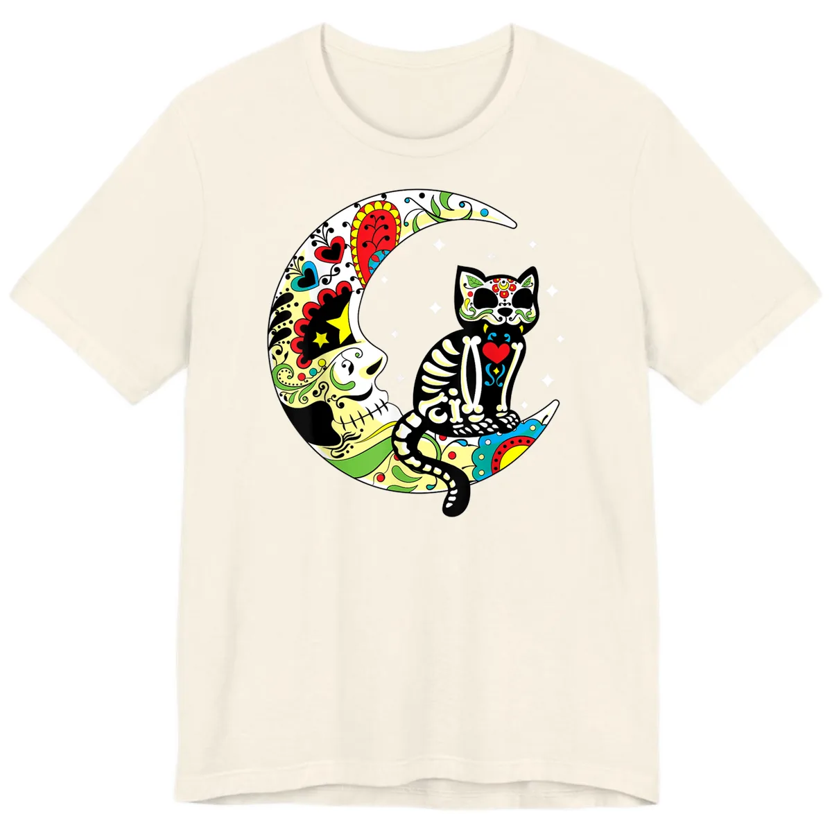 Sugar Skull Cat on Crescent Moon Premium T-Shirt in Natural
