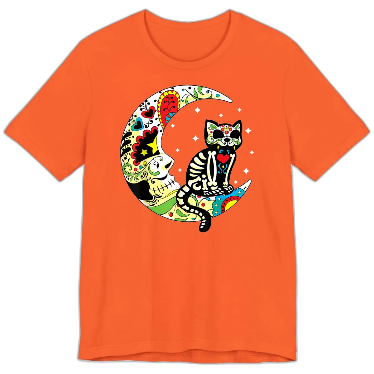 Sugar Skull Cat on Crescent Moon Premium T-Shirt in Orange