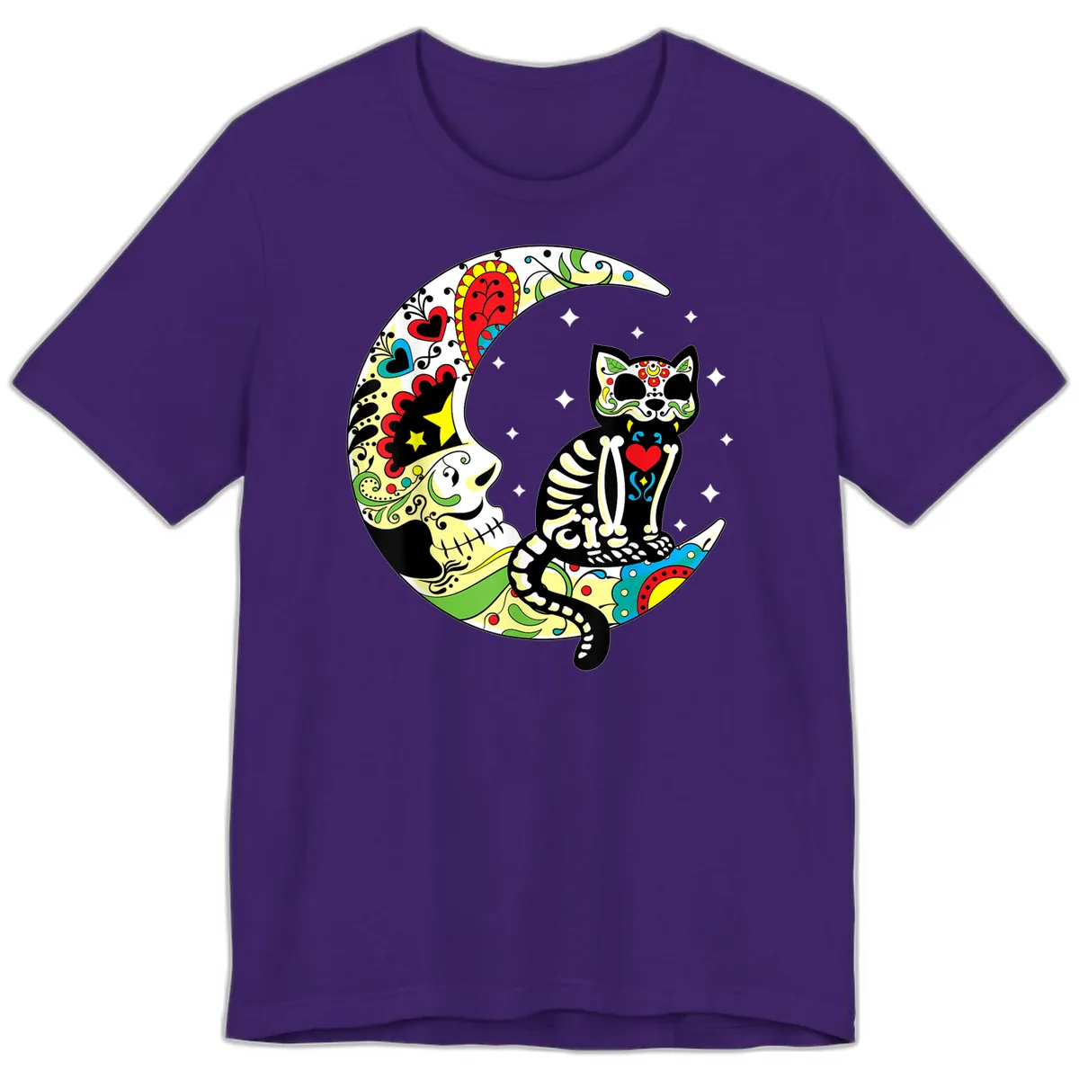 Sugar Skull Cat on Crescent Moon Premium T-Shirt in Team Purple
