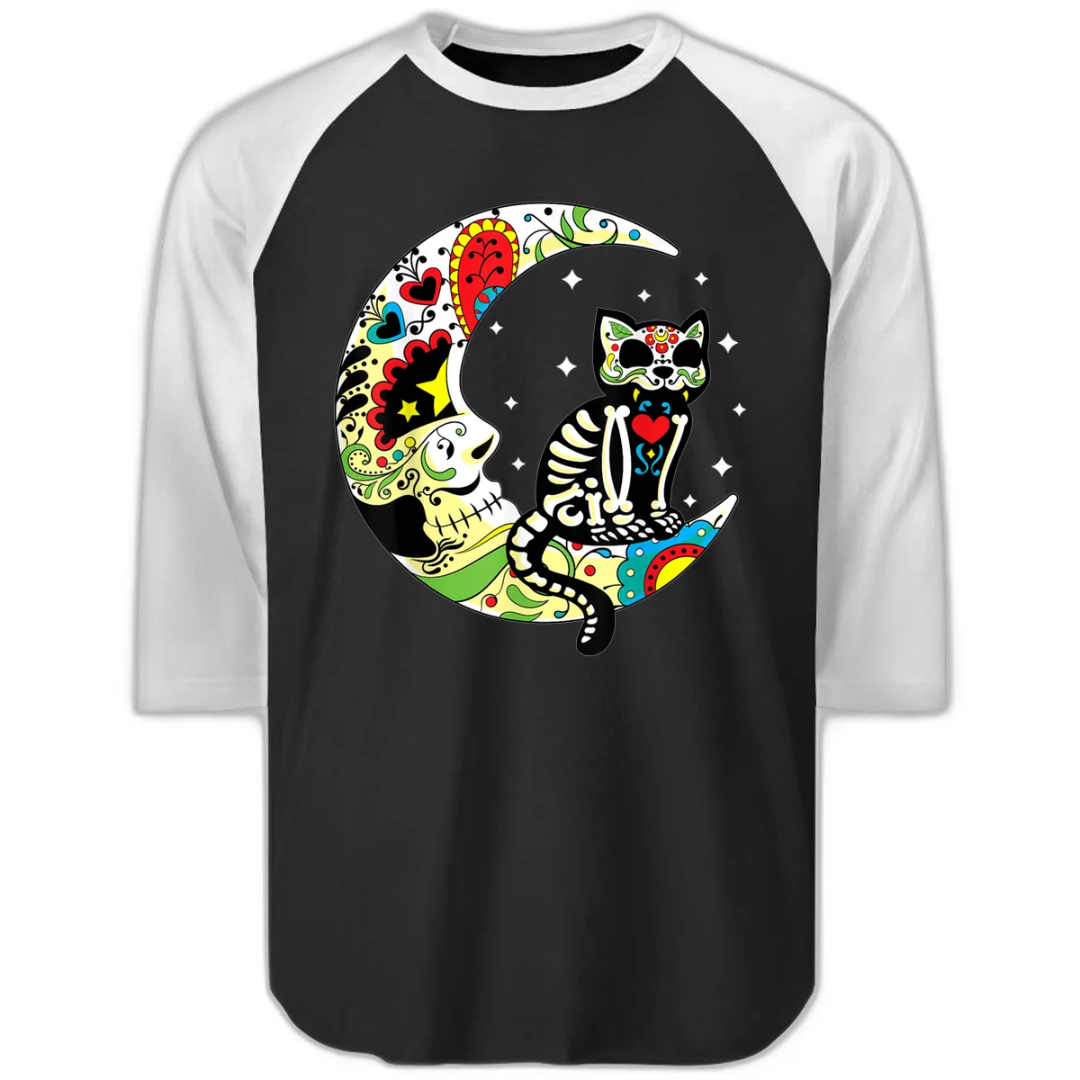 Sugar Skull Cat on Crescent Moon Raglan 3/4 in Black White