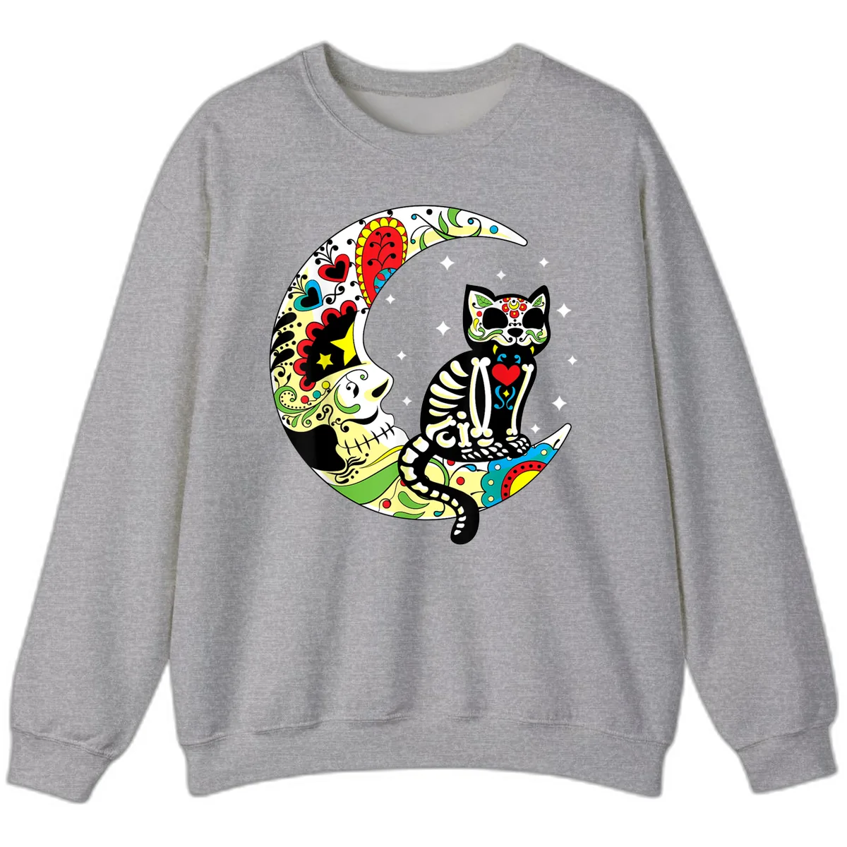 Sugar Skull Cat on Crescent Moon Sweatshirt in Sport Grey