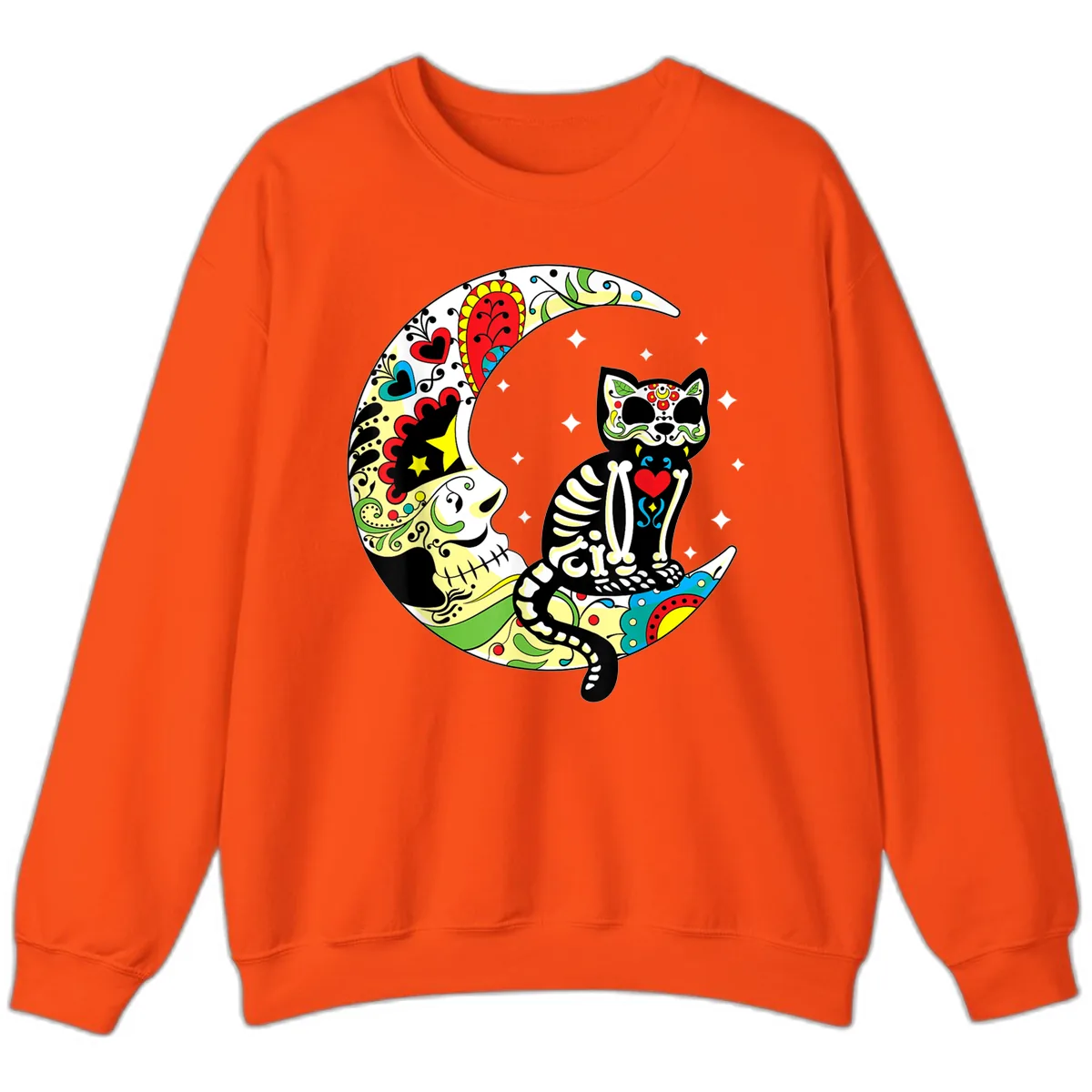 Sugar Skull Cat on Crescent Moon Sweatshirt in Orange