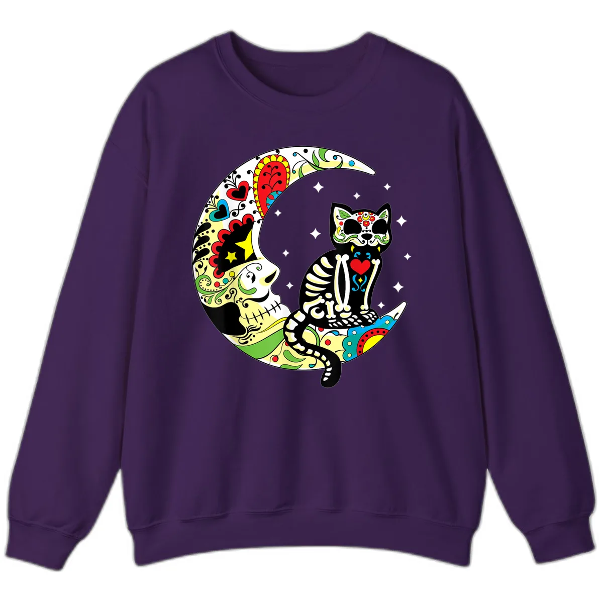 Sugar Skull Cat on Crescent Moon Sweatshirt in Purple