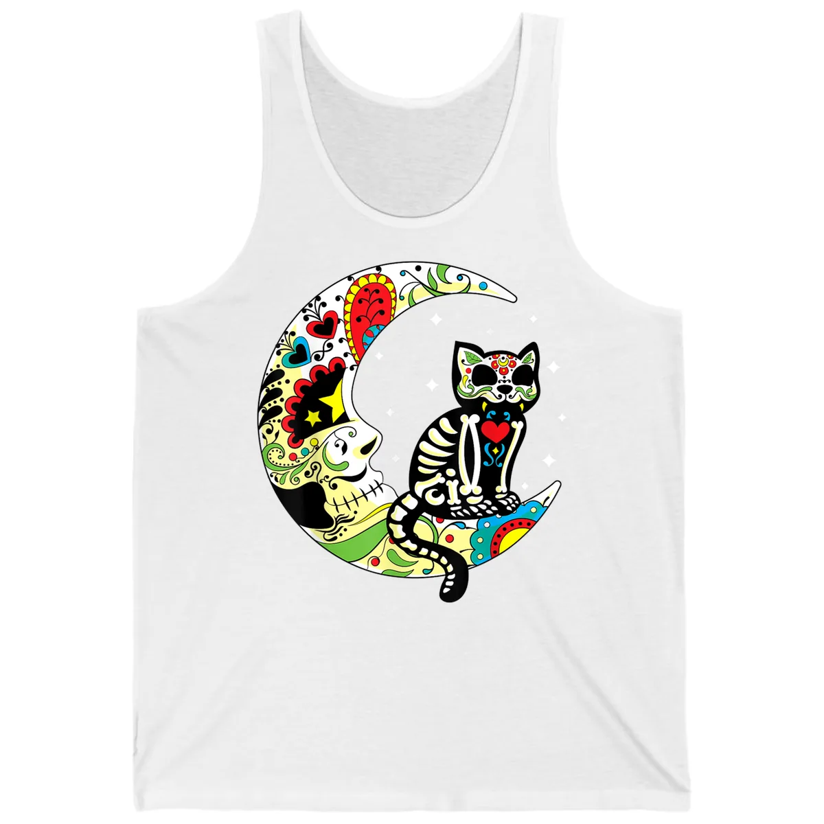Sugar Skull Cat on Crescent Moon Tank in White