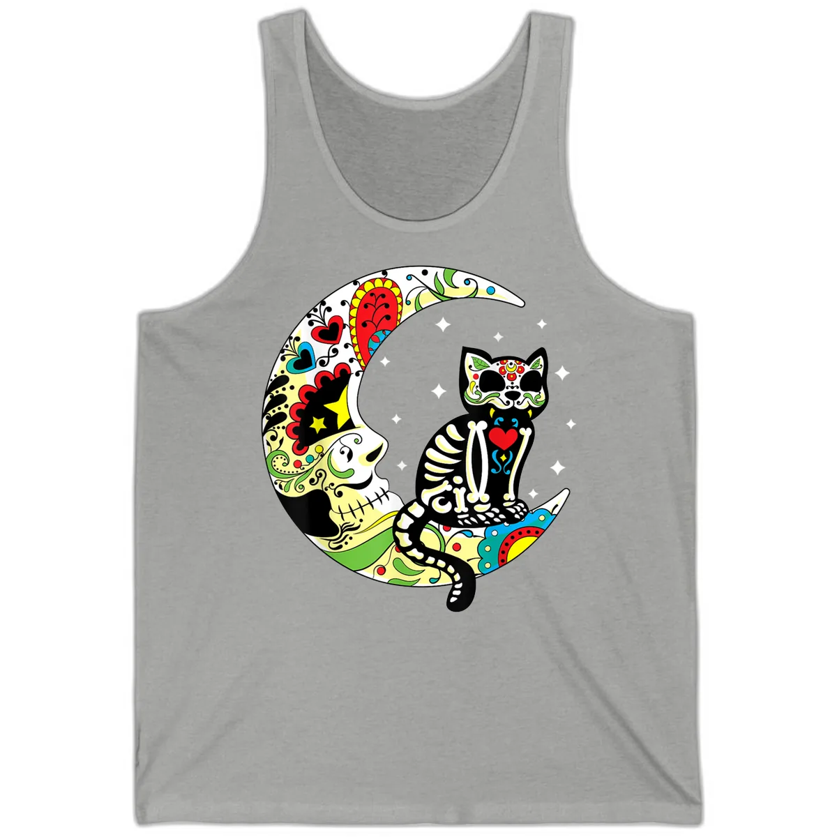 Sugar Skull Cat on Crescent Moon Tank in Athletic Heather