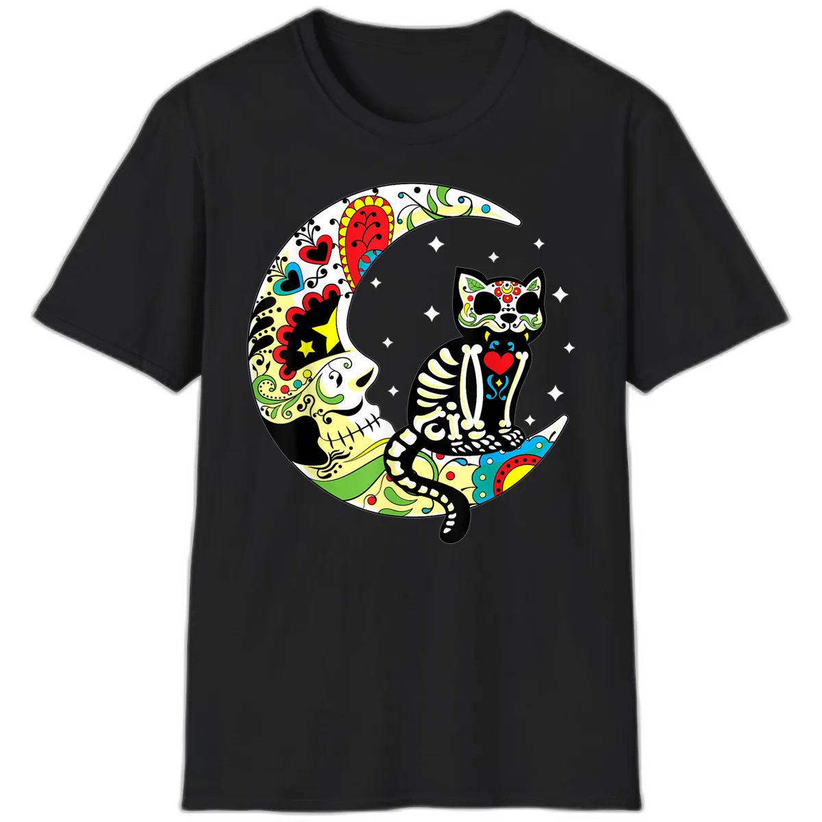 Sugar Skull Cat on Crescent Moon T-Shirt in Black