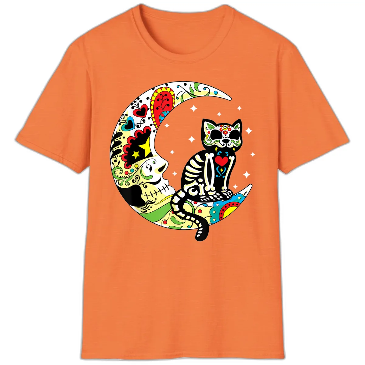 Sugar Skull Cat on Crescent Moon T-Shirt in Heather Orange