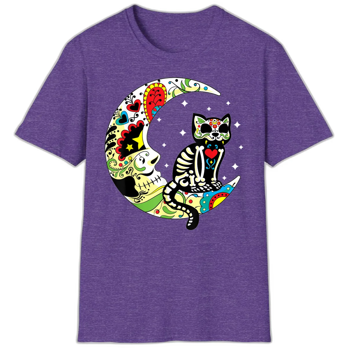 Sugar Skull Cat on Crescent Moon T-Shirt in Heather Purple