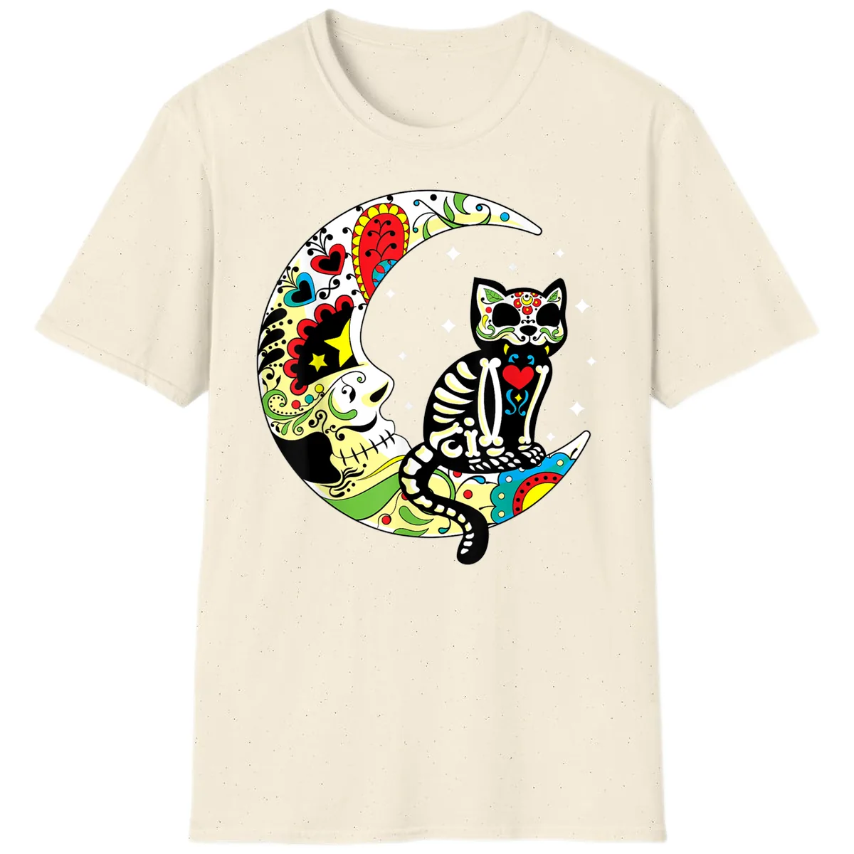 Sugar Skull Cat on Crescent Moon T-Shirt in Natural
