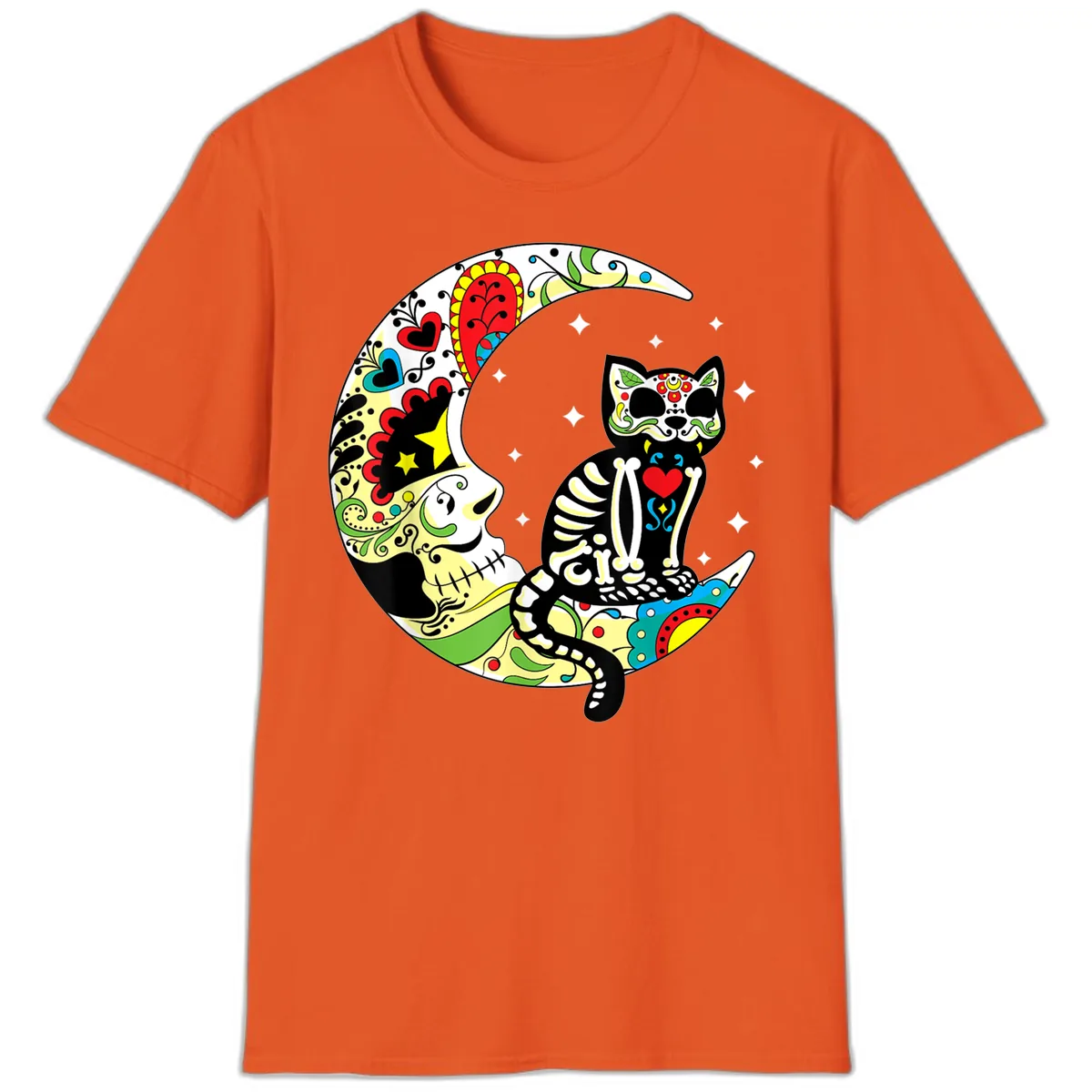 Sugar Skull Cat on Crescent Moon T-Shirt in Orange