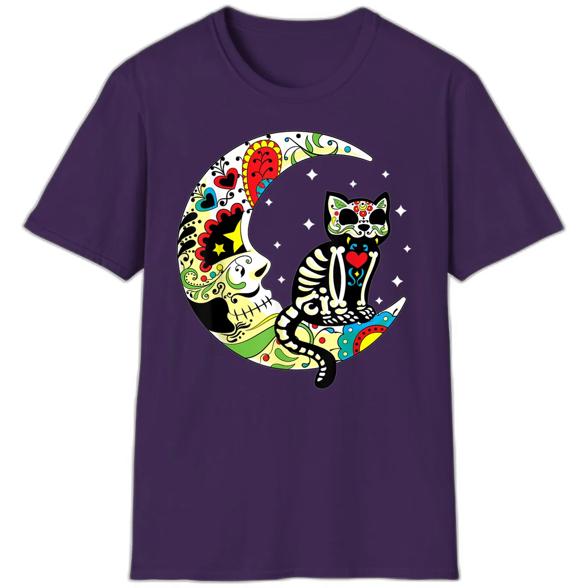 Sugar Skull Cat on Crescent Moon T-Shirt in Purple